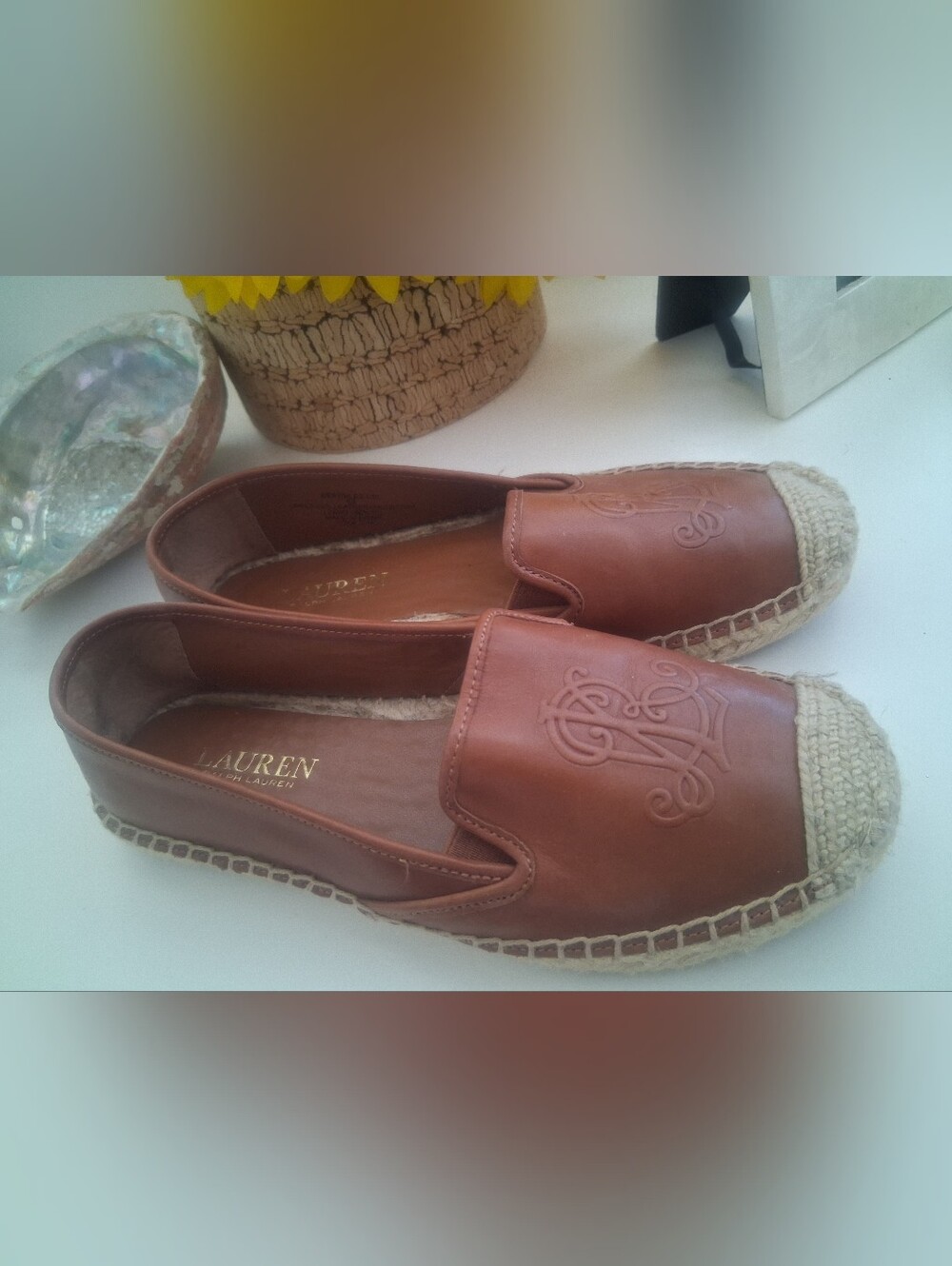 Ralph Lauren Tan Leather Espadrille Slip-Ons with Embossed Logo